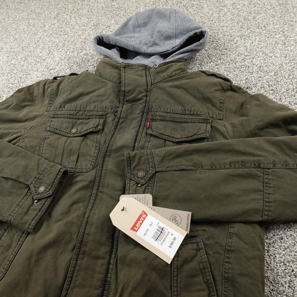 NEW Levis Jacket Mens M Green Hooded Sherpa Lined Field Coat Utility Canvas Work